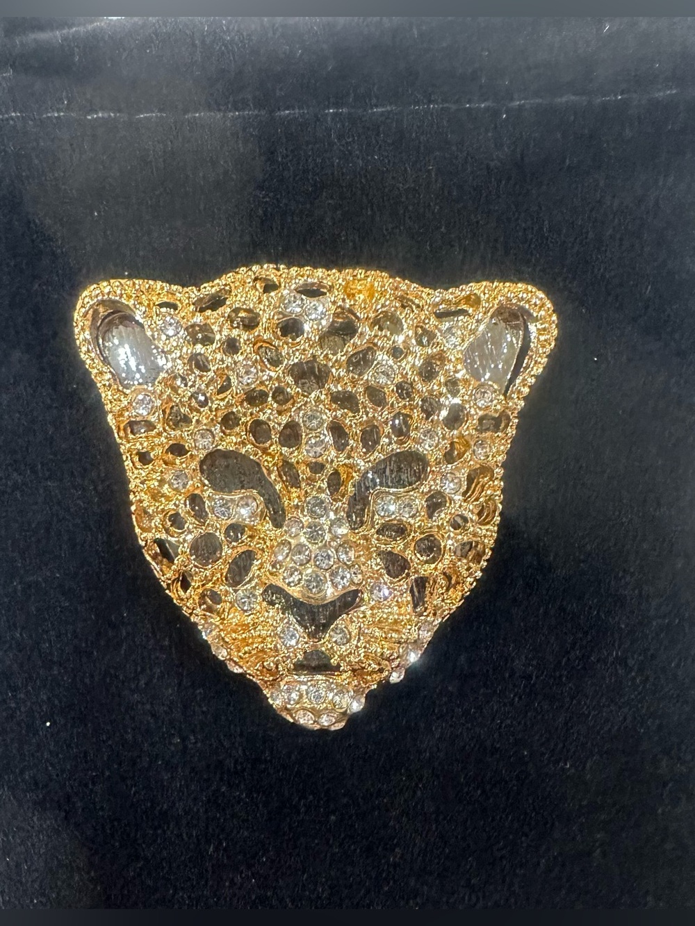 Gold Rhinestone Cheetah Leopard Head Brooch Pin Statement Jewelry NWOT